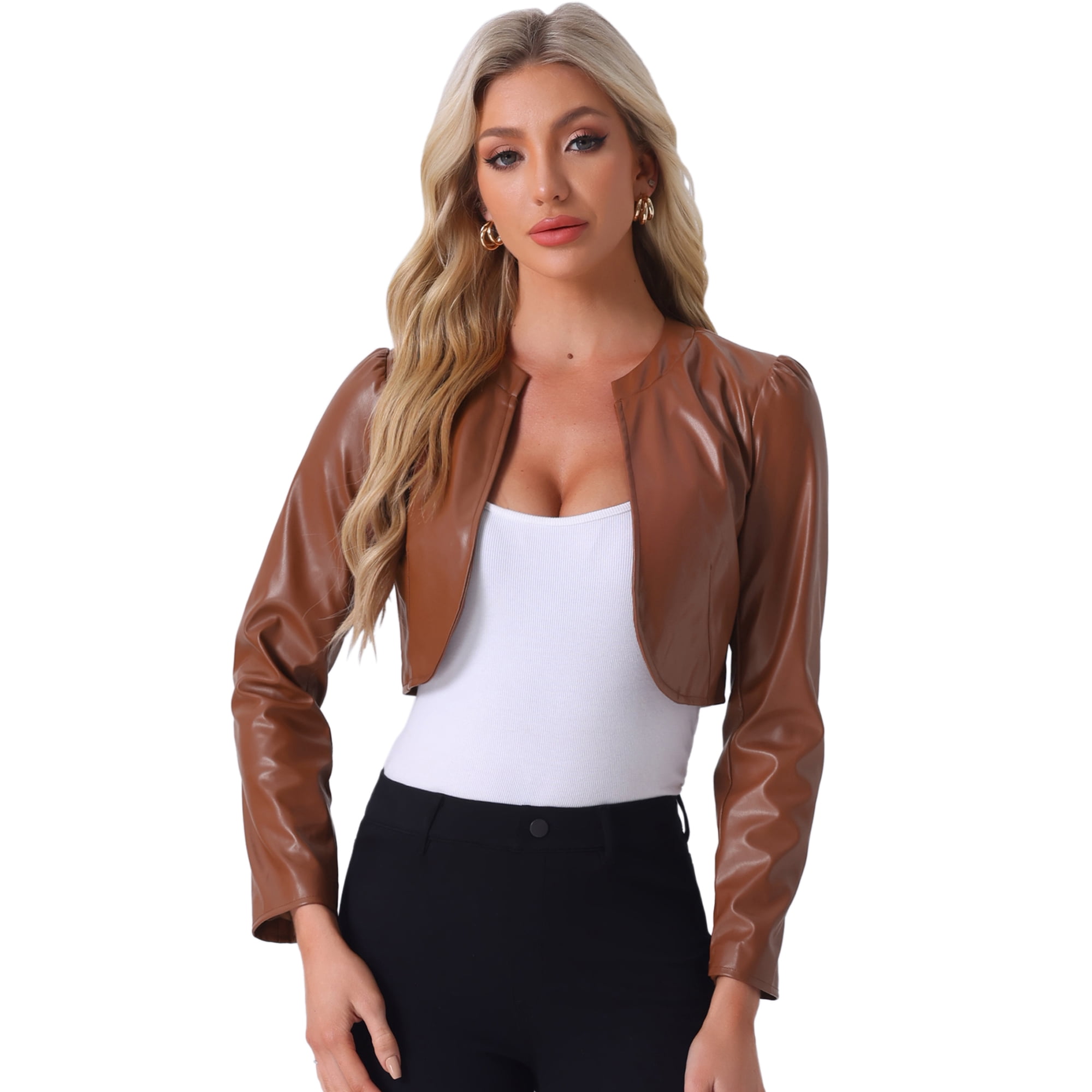 DARING DIVA Women's Open Front Long Sleeve PU Cropped Leather Jacket S Brown