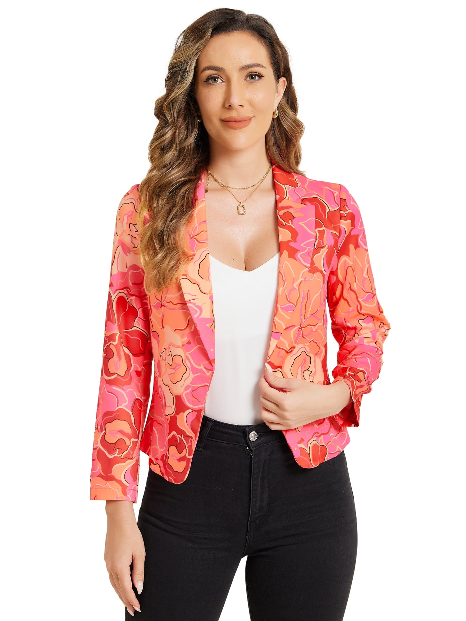 DARING DIVA Women's Open Front Office Work Lightweight Crop Suit Blazer XL Hot Pink-Floral