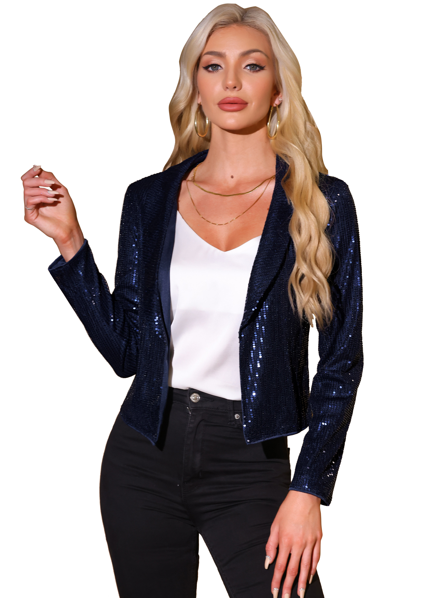 DARING DIVA Women's Open Front Party Sparkly Sequin Blazer Shrug S Dark Blue