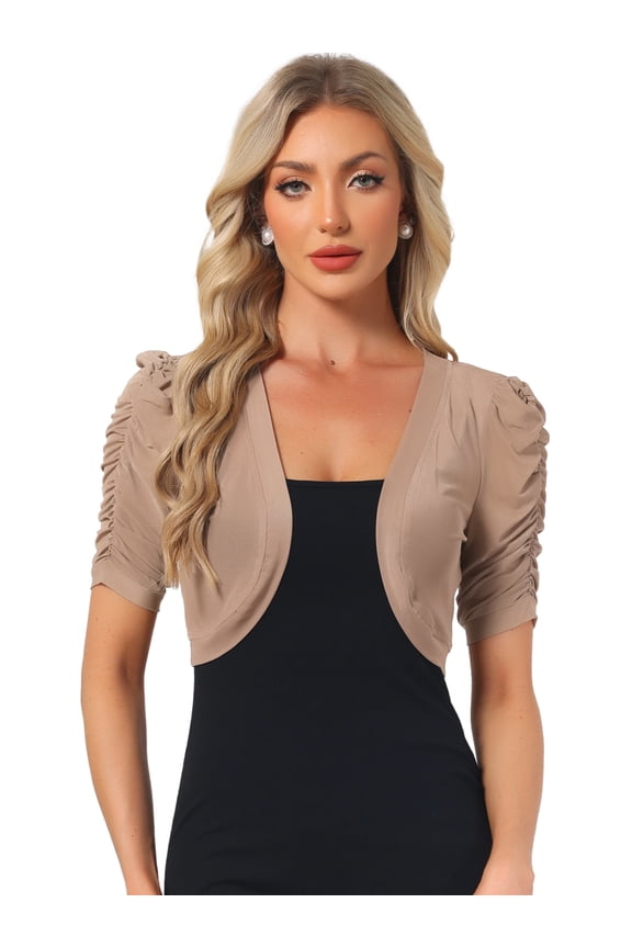 Women's Open Front Short Sleeve Mesh Sheer Shrug L Camel