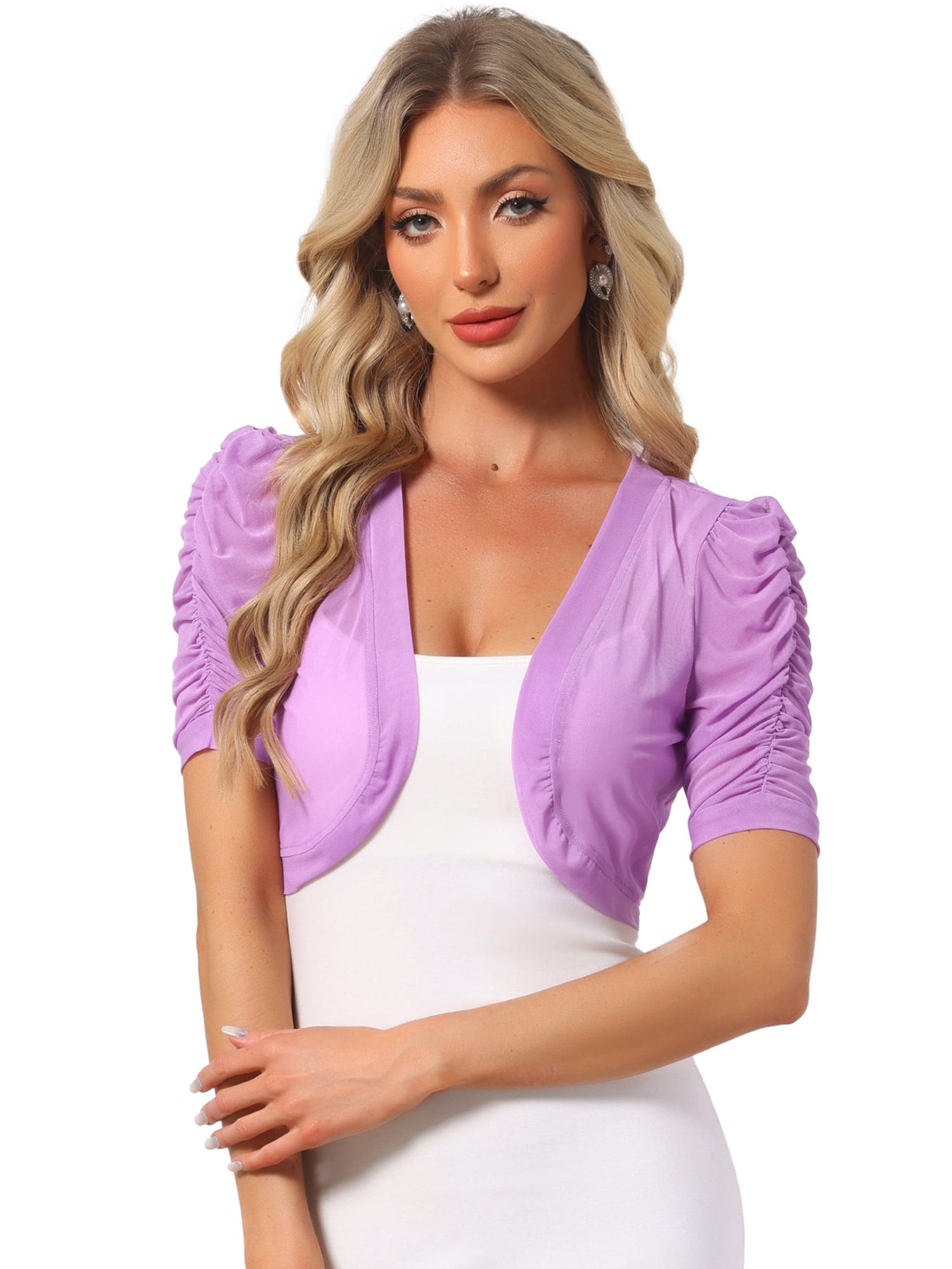 DARING DIVA Women's Open Front Short Sleeve Mesh Sheer Shrug M Light Purple