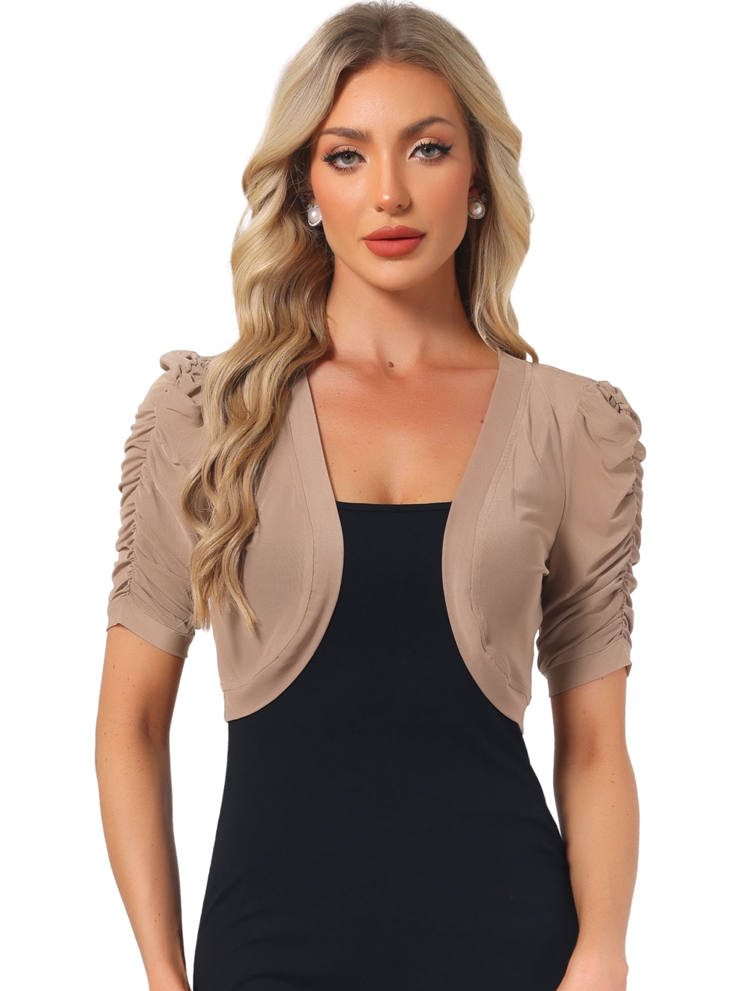 DARING DIVA Women's Open Front Short Sleeve Mesh Sheer Shrug S Camel