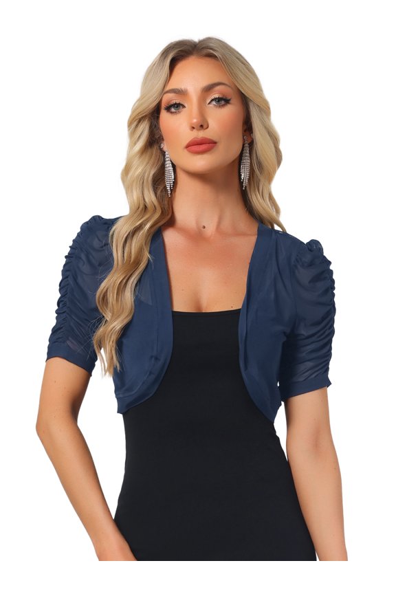 Women's Open Front Short Sleeve Mesh Sheer Shrug XL Navy Blue