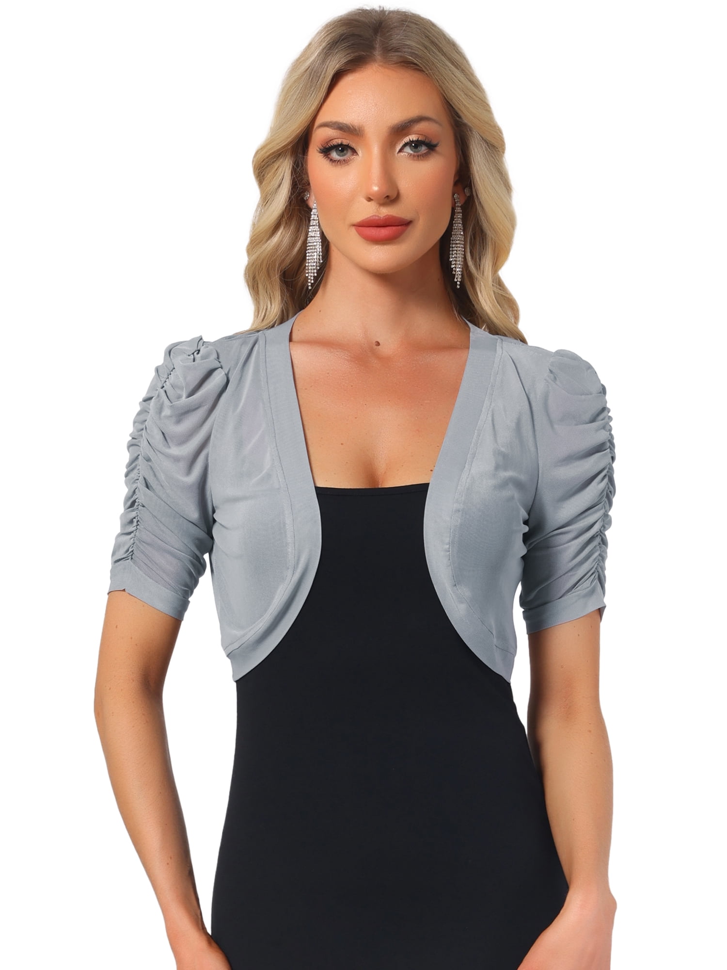 DARING DIVA Women's Open Front Short Sleeve Mesh Sheer Shrug XS Light Grey