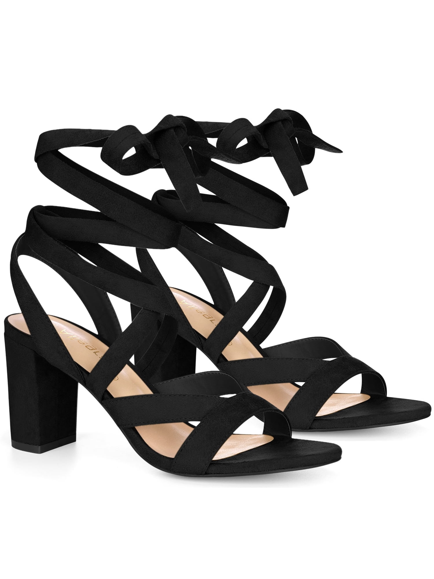DARING DIVA Women's Open Toe Crisscross Lace Up Chunky Heel Sandals Black 7