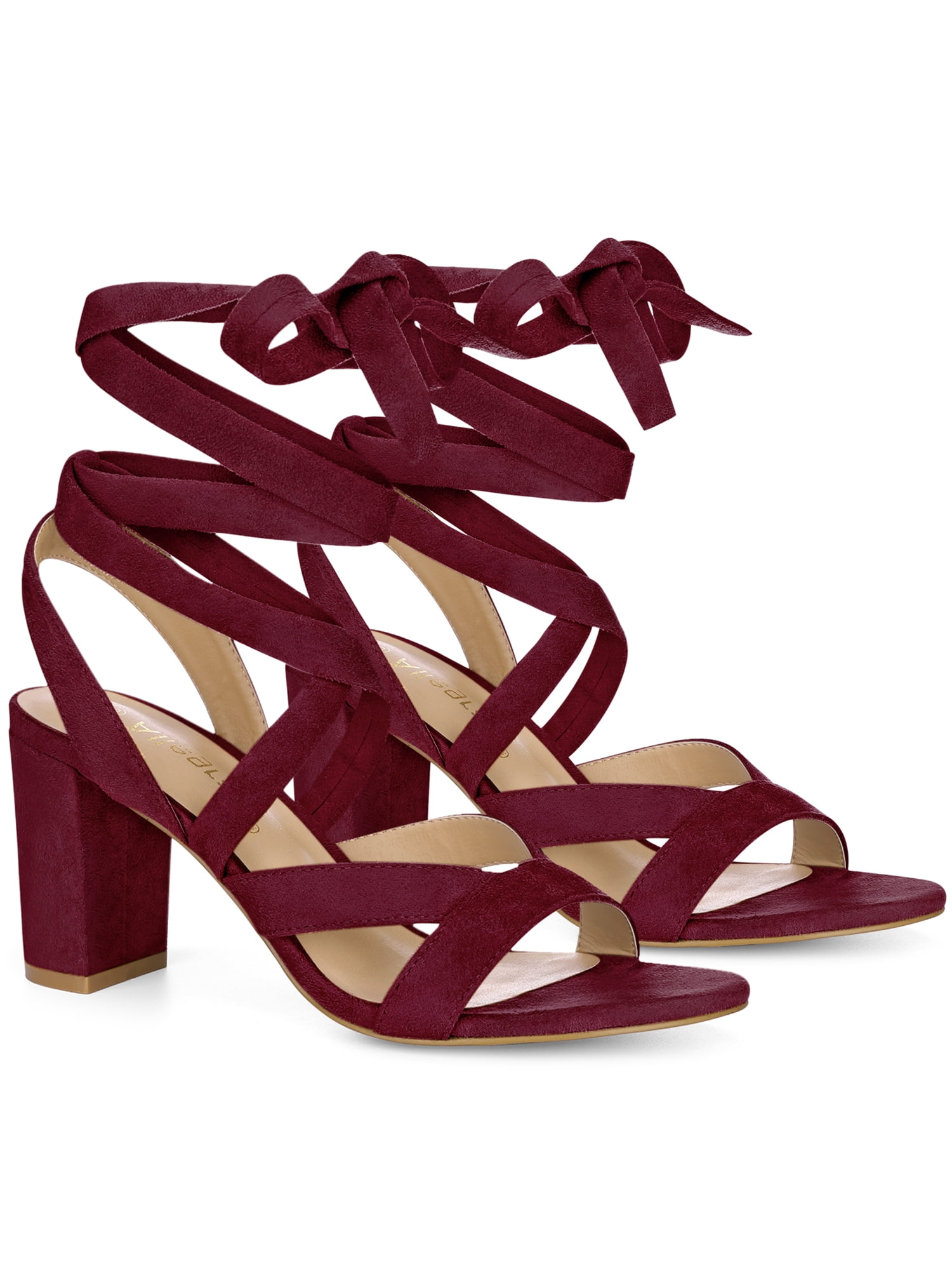 DARING DIVA Women's Open Toe Crisscross Lace Up Chunky Heel Sandals Burgundy 8.5