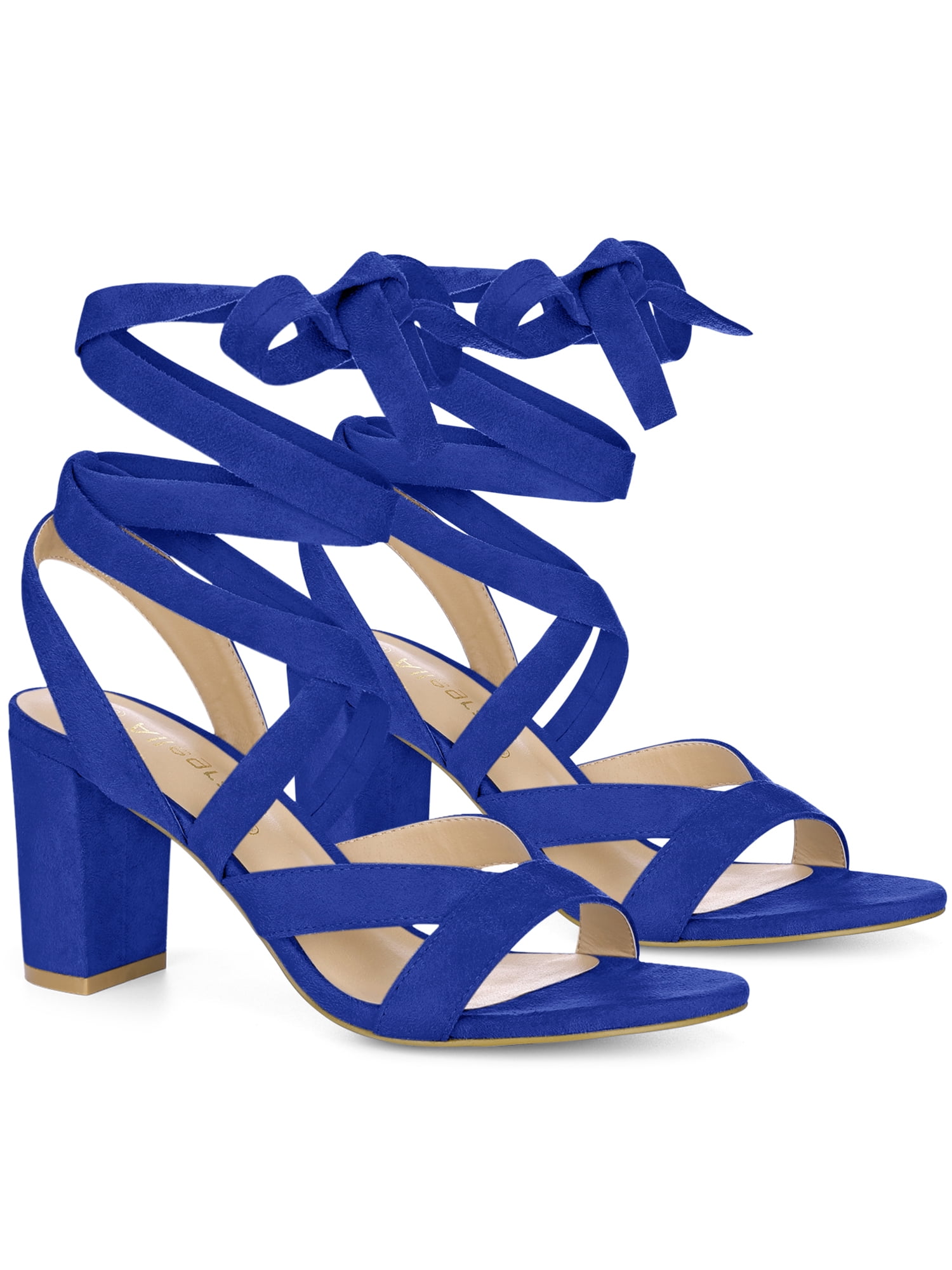 DARING DIVA Women's Open Toe Crisscross Lace Up Chunky Heel Sandals Navy Blue 7.5
