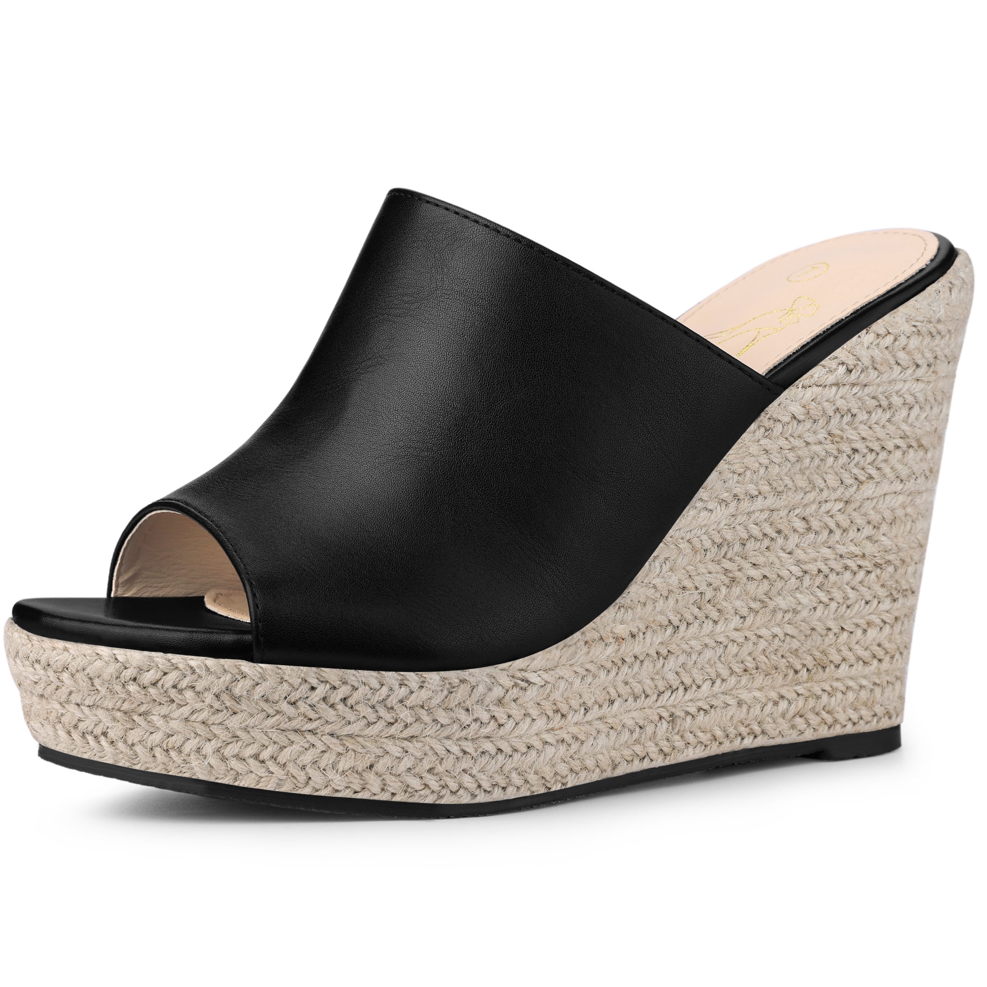 DARING DIVA Women's Open Toe Espadrille Wedge Heel Platform Slide Sandal Black 10