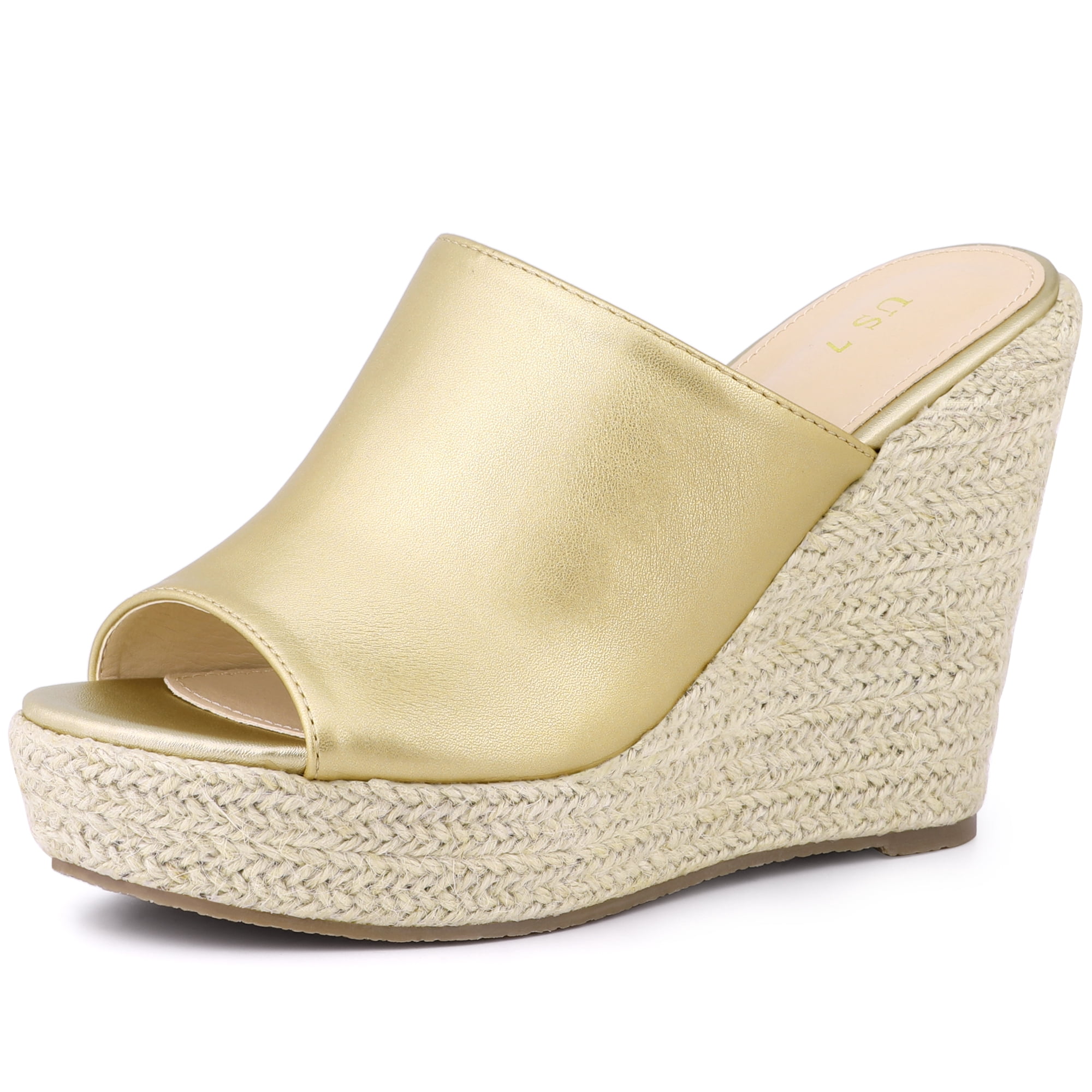 DARING DIVA Women's Open Toe Espadrille Wedge Heel Platform Slide Sandal Gold 7