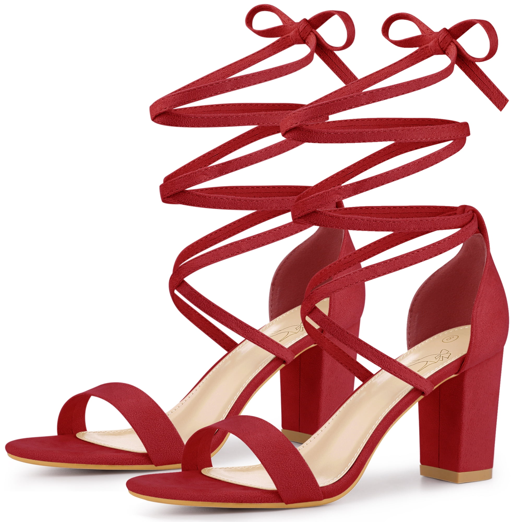 DARING DIVA Women's Open Toe Lace Up Tie up Chunky Heels Sandals Red 7