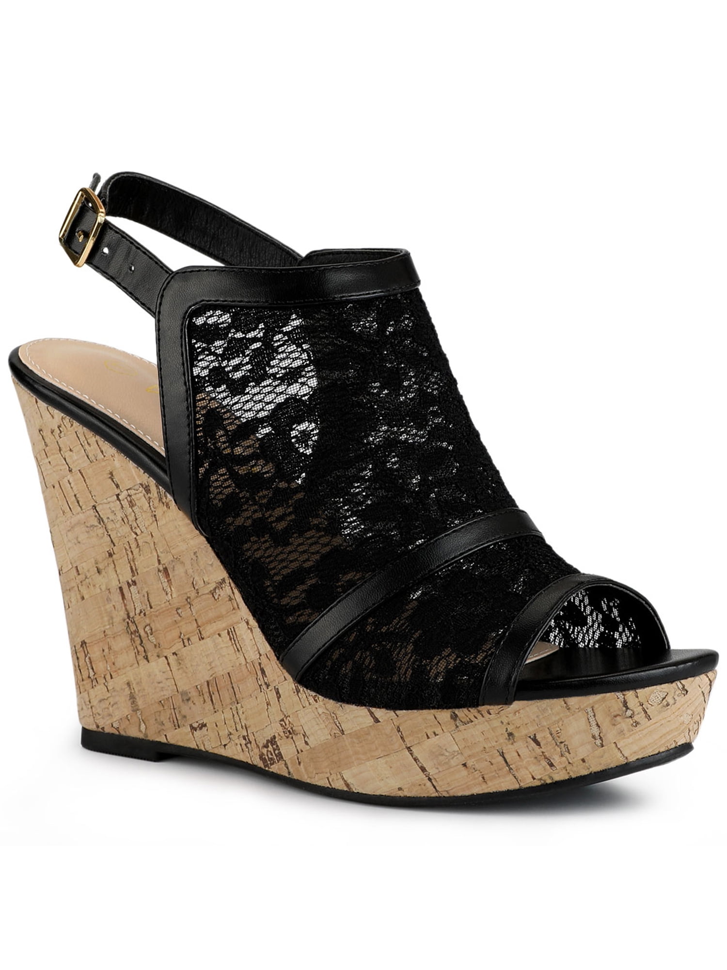 DARING DIVA Women's Open Toe Platform Heel Lace Wedges Sandals Black 5.5