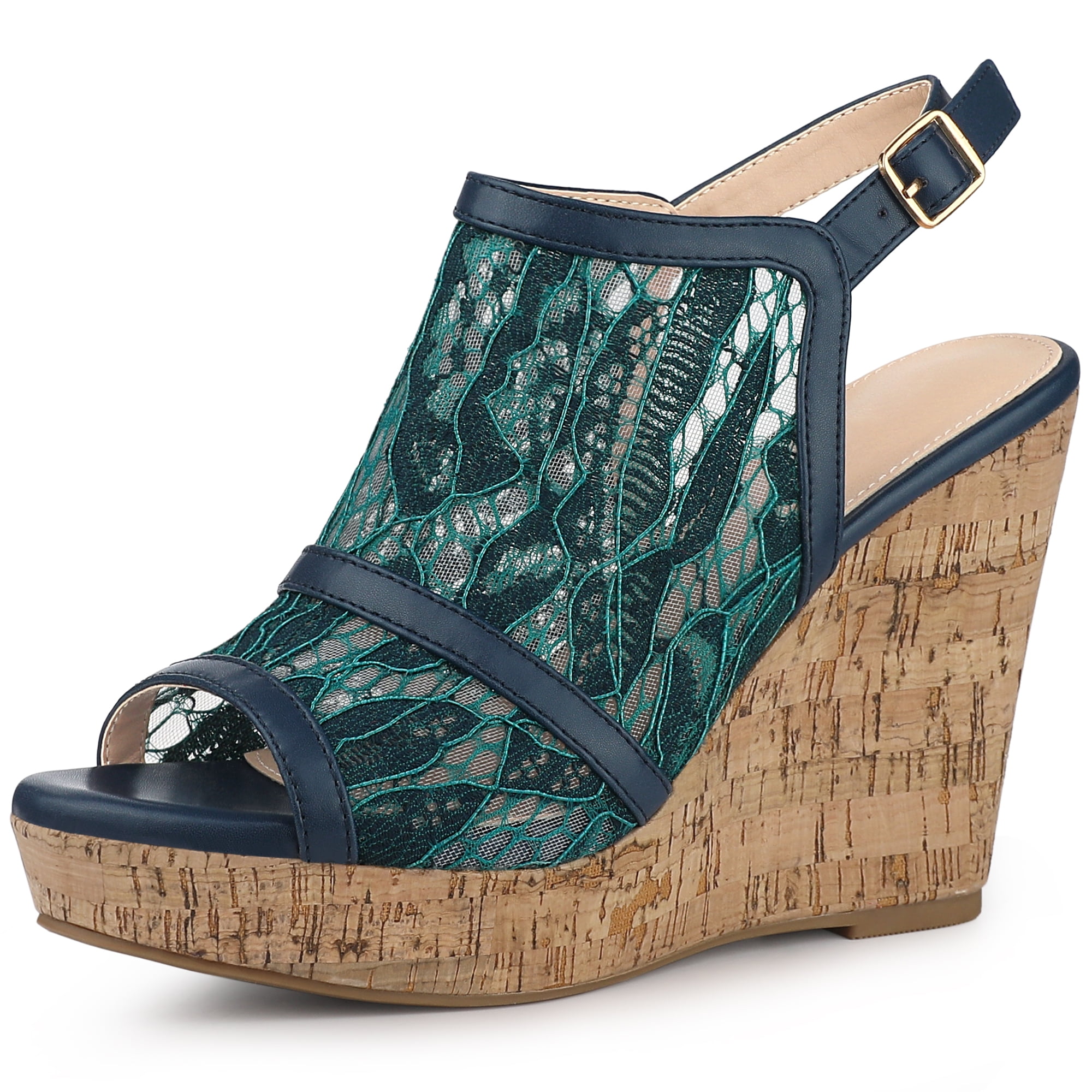 DARING DIVA Women's Open Toe Platform Heel Lace Wedges Sandals Blue Green 9