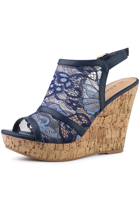 Women's Open Toe Platform Heel Lace Wedges Sandals Deep Blue 5.5