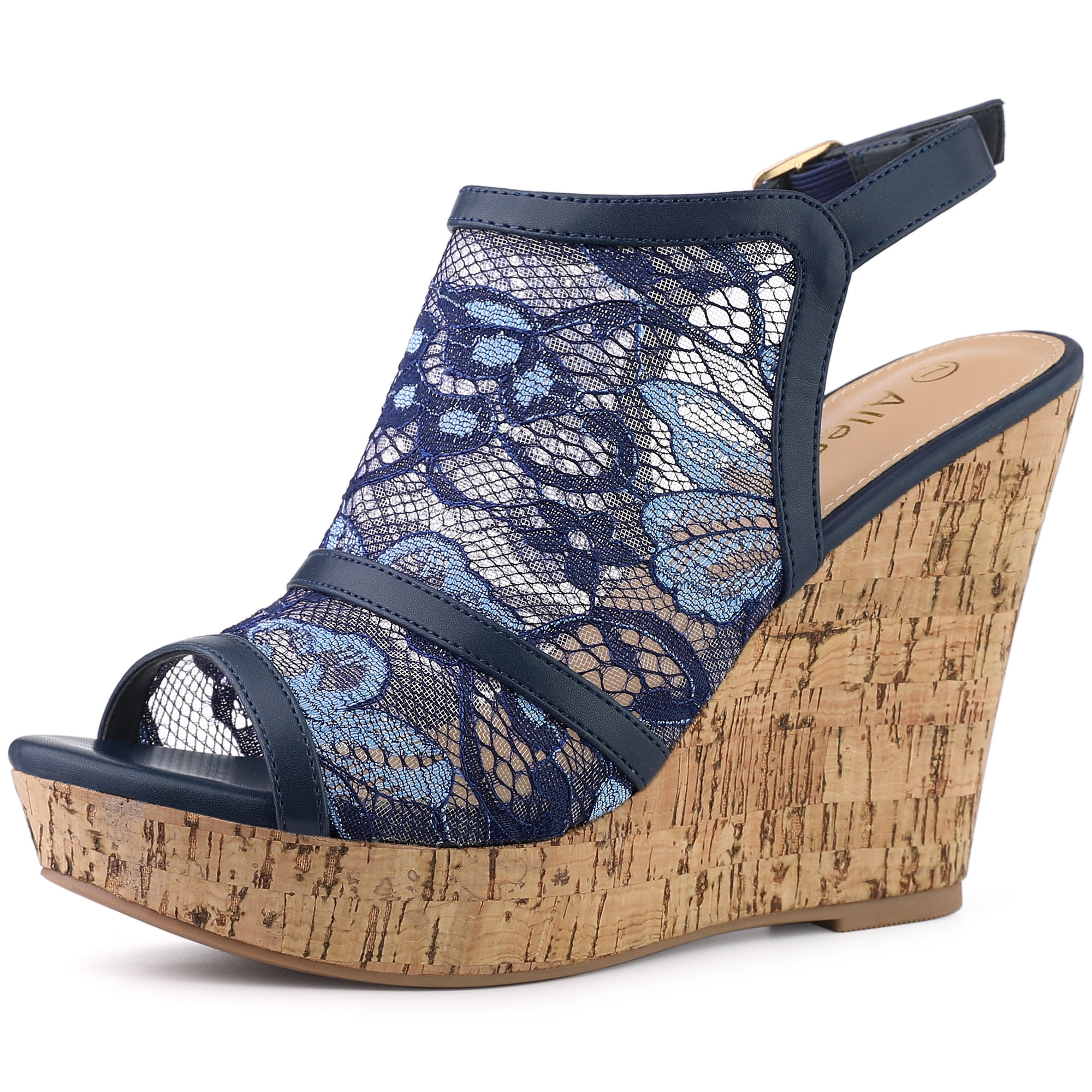 DARING DIVA Women's Open Toe Platform Heel Lace Wedges Sandals Deep Blue 6