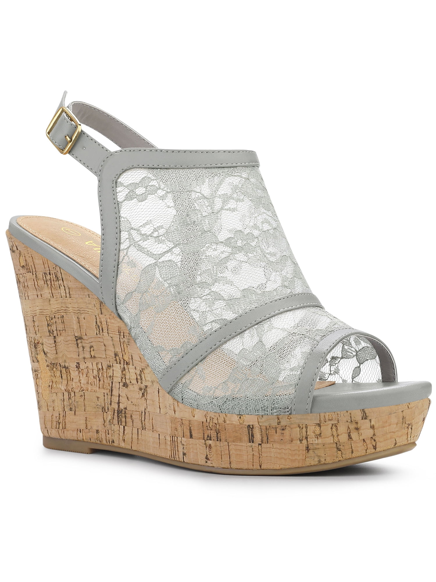 DARING DIVA Women's Open Toe Platform Heel Lace Wedges Sandals Grey 9