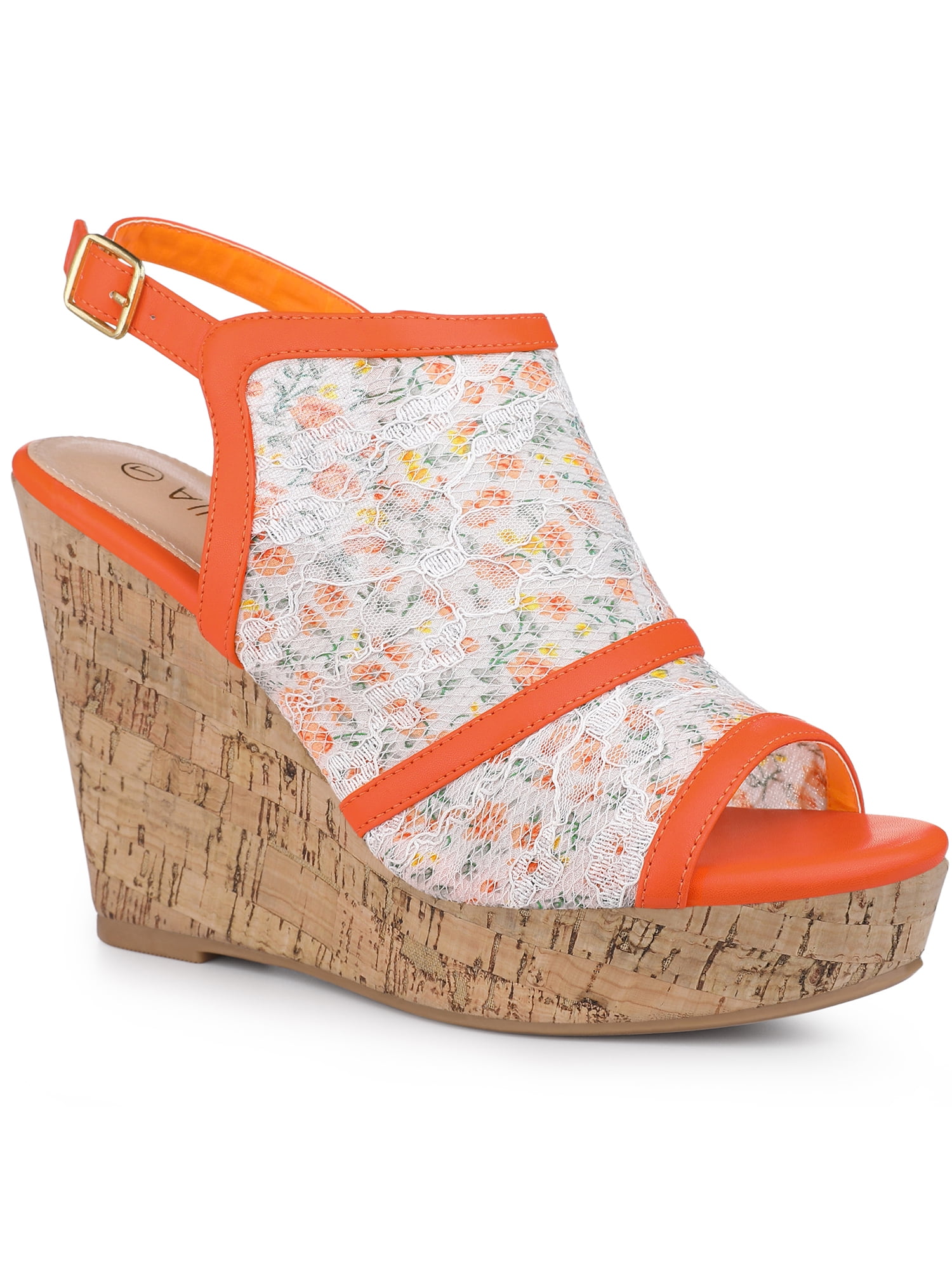 DARING DIVA Women's Open Toe Platform Heel Lace Wedges Sandals Orange Flower 6