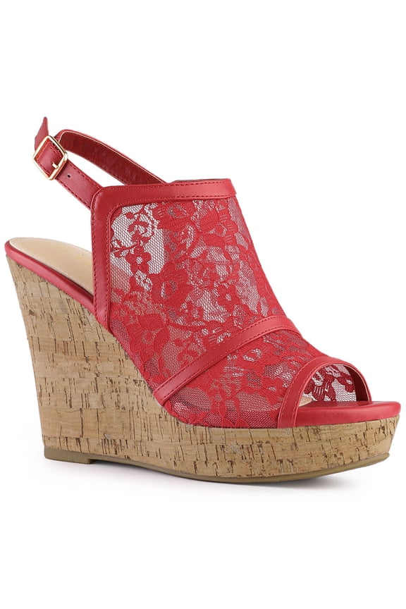 Women's Open Toe Platform Heel Lace Wedges Sandals Red 10