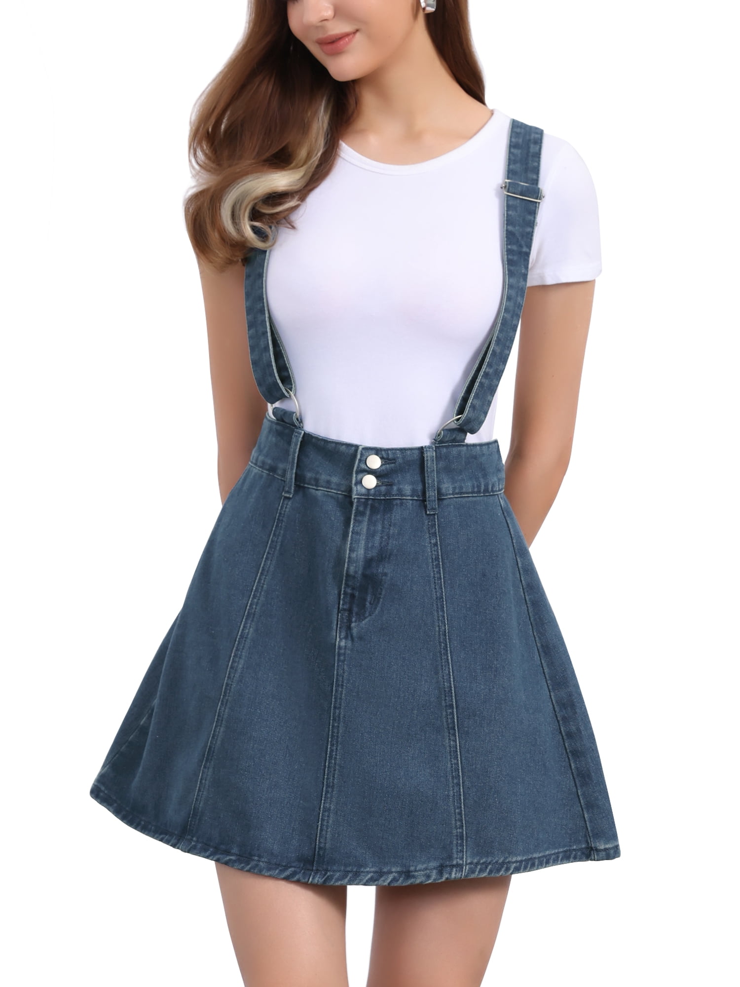 DARING DIVA Women's Overall Adjustable Strap Suspender Washed Jean Skirts S Vintage Blue