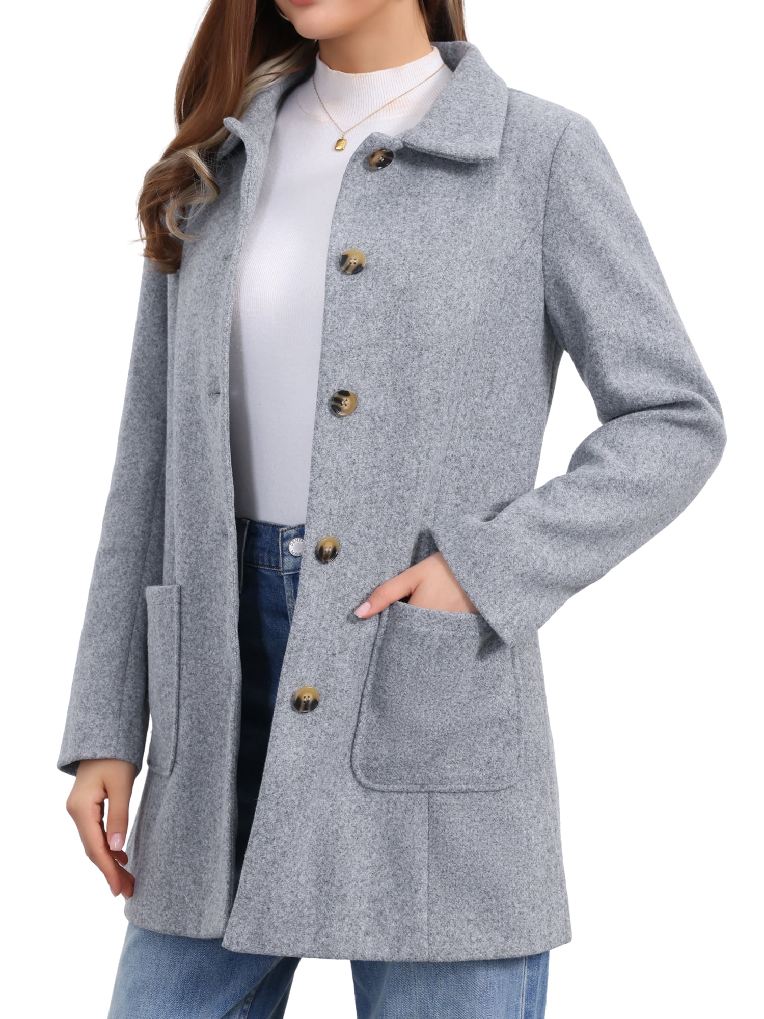 DARING DIVA Women's Winter Overcoat Mid-Long Notch Lapel Peacoat with Pockets L Light Gray