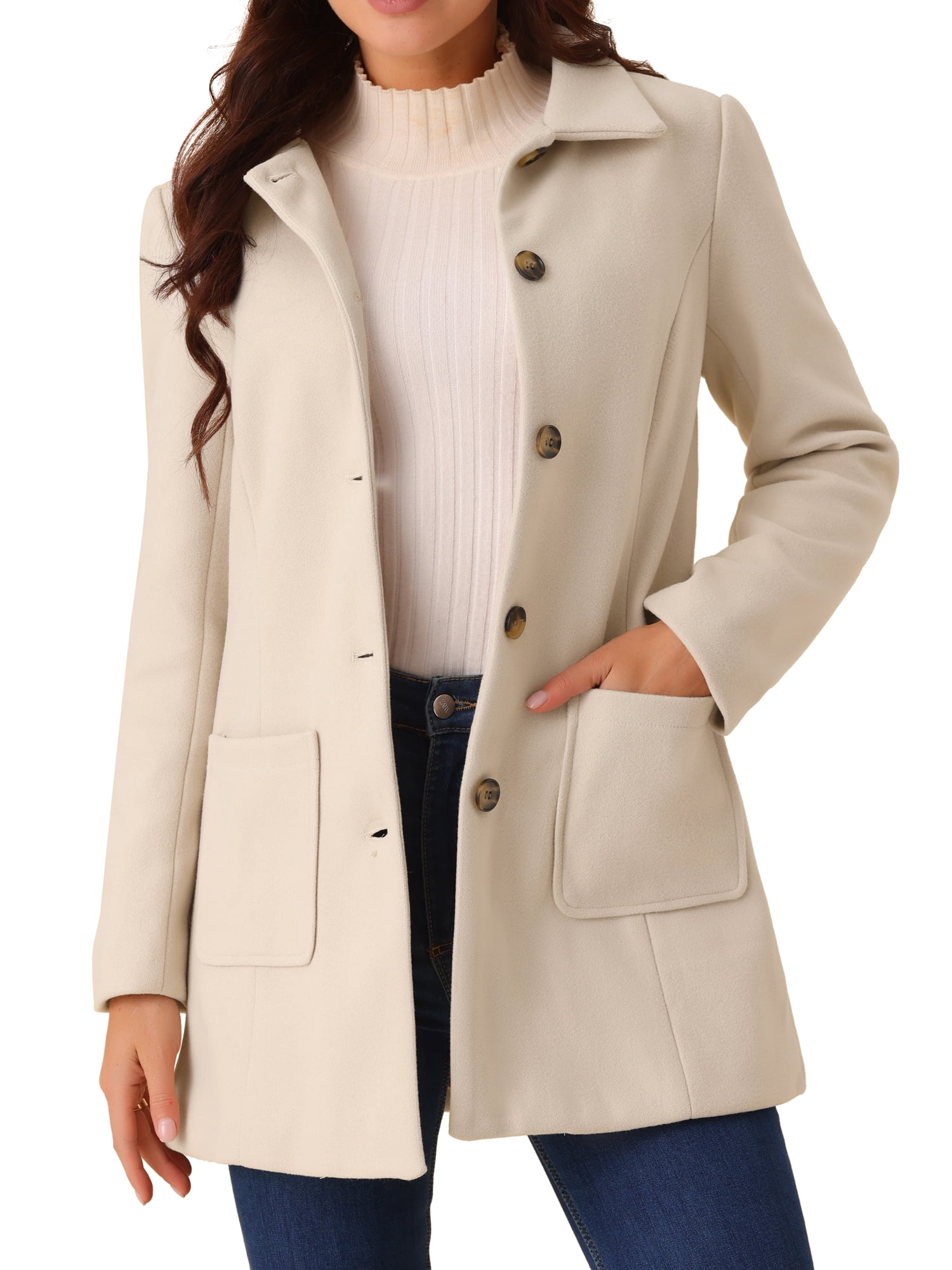 DARING DIVA Women's Winter Overcoat Mid-Long Notch Lapel Peacoat with Pockets XL Beige