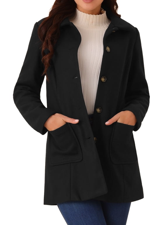 Women's Winter Overcoat Mid-Long Notch Lapel Peacoat with Pockets XL Black