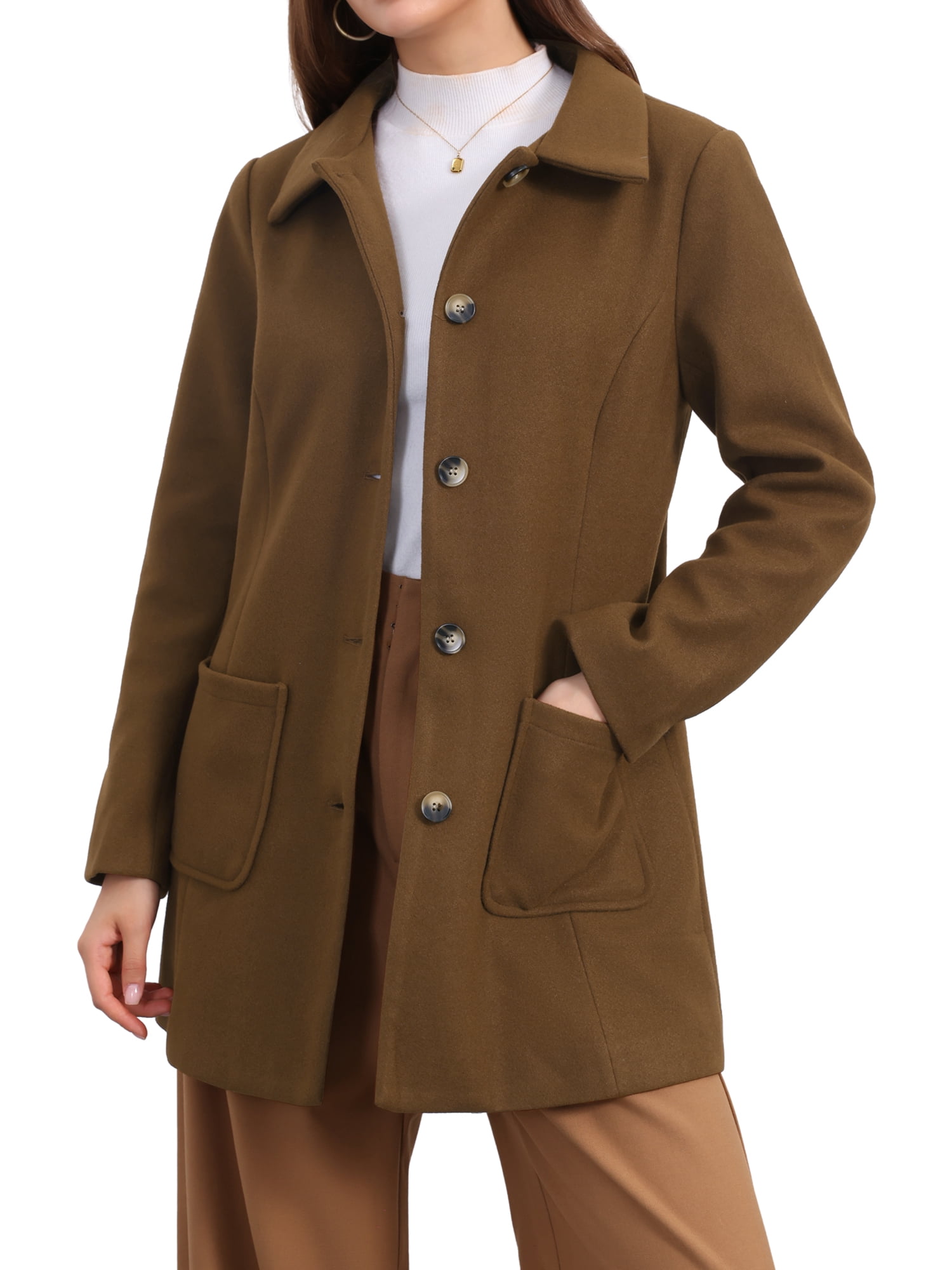 DARING DIVA Women's Winter Overcoat Mid-Long Notch Lapel Peacoat with Pockets XL Brown
