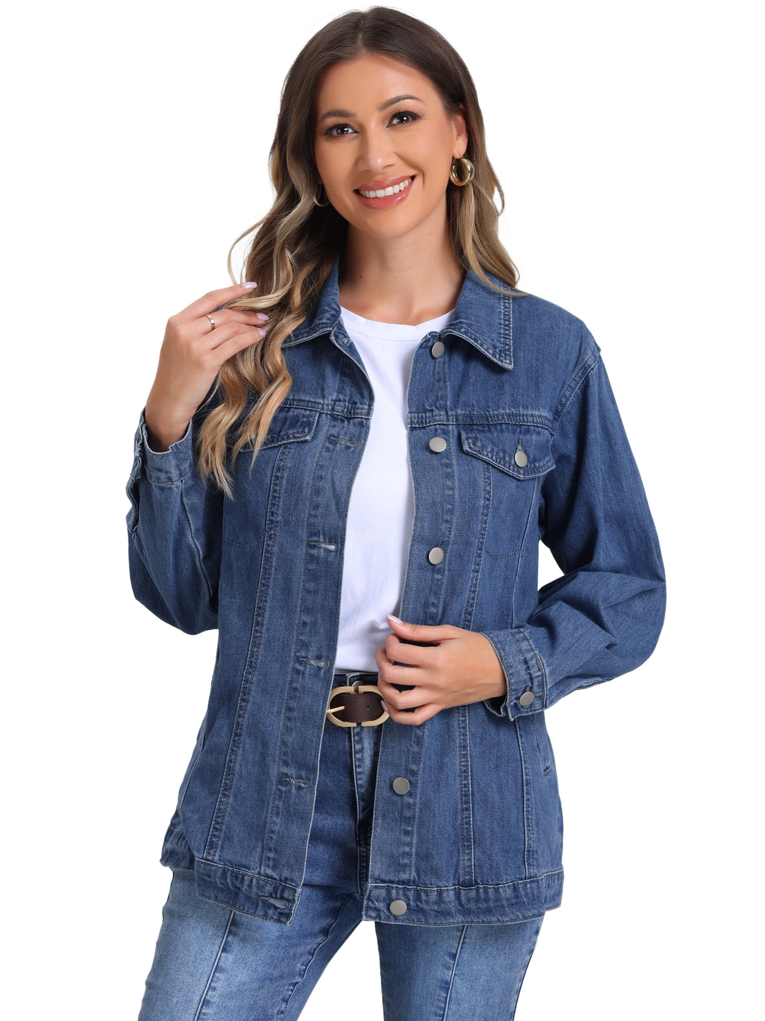 DARING DIVA Women's Long Denim Jacket Oversized Long Sleeve Pocket Jean Jacket XS Blue