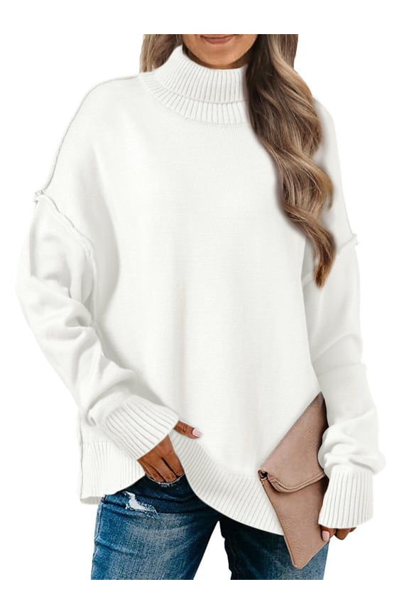 Women's Oversized Mock Neck Long Sleeve Pullover Sweater 2XL White