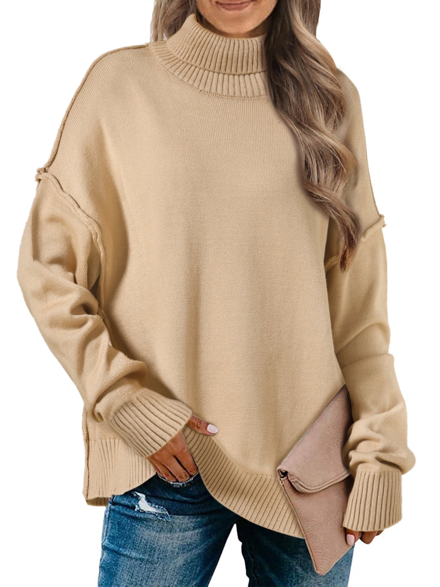DARING DIVA Women's Oversized Mock Neck Long Sleeve Pullover Sweater L Khaki