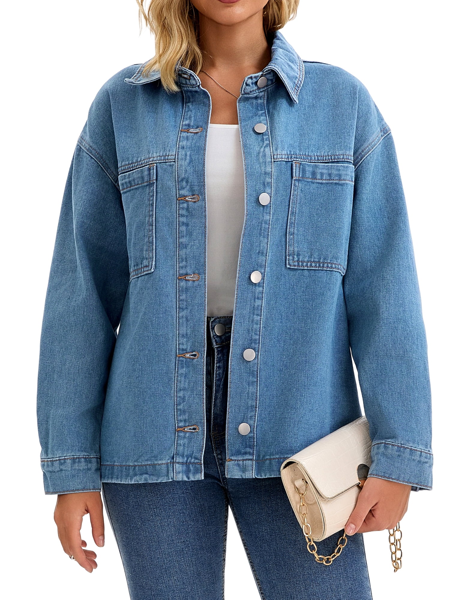 DARING DIVA Women's Oversized Patch Pocket Fall Utility Jean Jackets L Blue