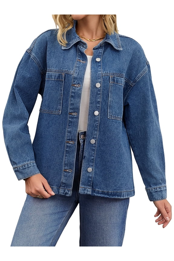 Women's Oversized Patch Pocket Fall Utility Jean Jackets L Dark Blue