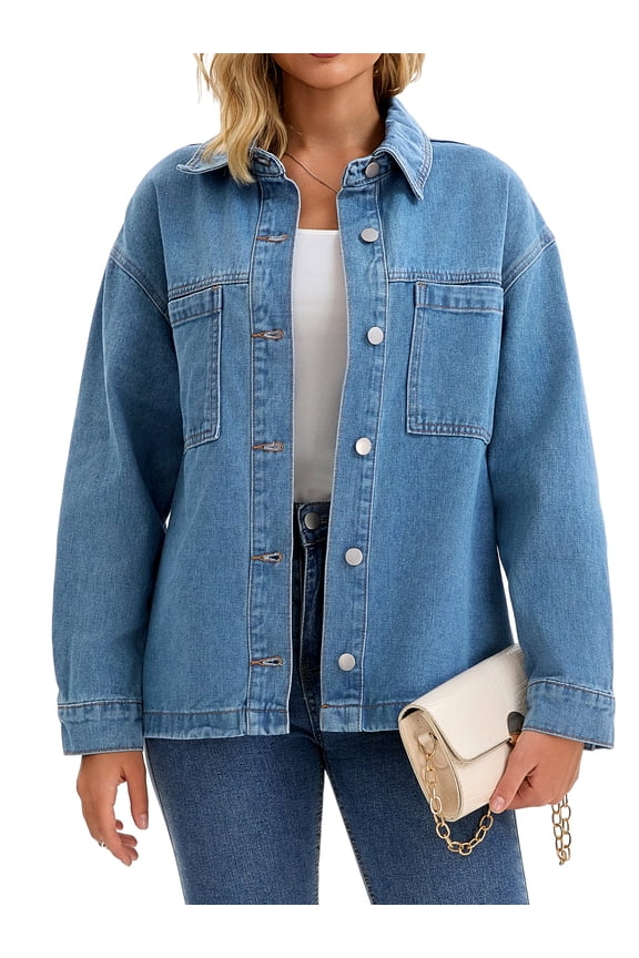 Women's Oversized Patch Pocket Fall Utility Jean Jackets XL Blue