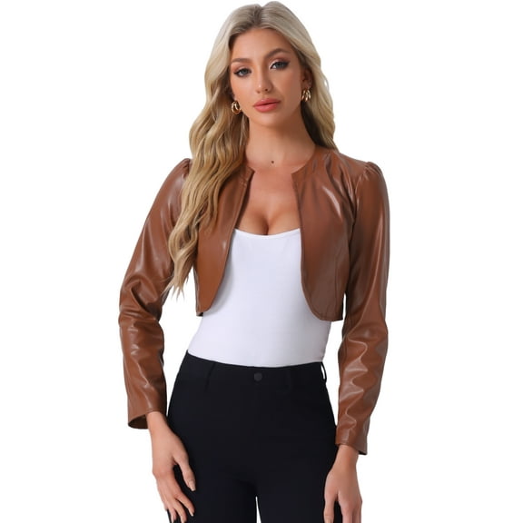 DARING DIVA Women's PU Bolero Shrug Leather Cropped Jacket Cardigan M Brown