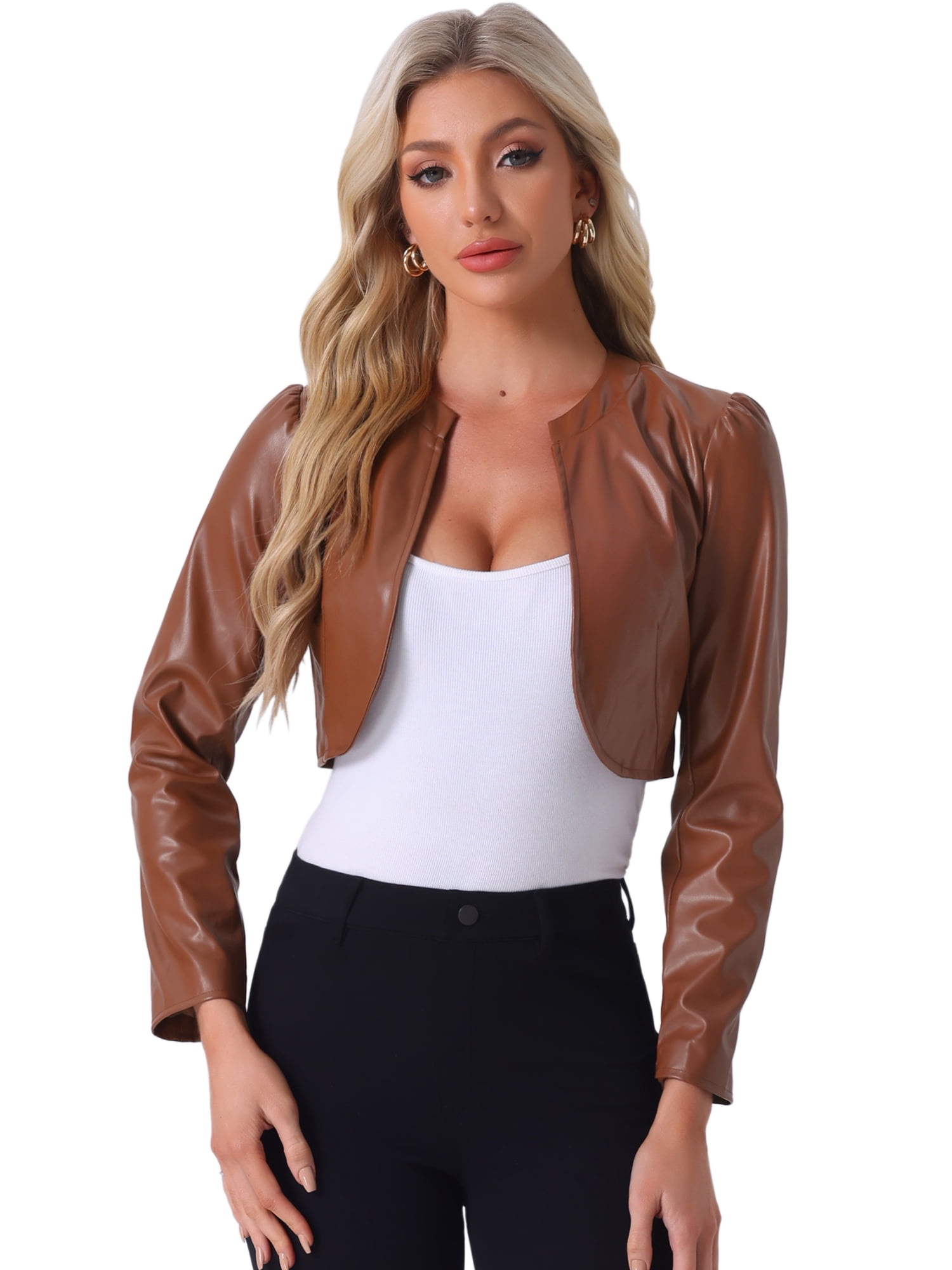 DARING DIVA Women's PU Bolero Shrug Leather Cropped Jacket Cardigan XS Brown