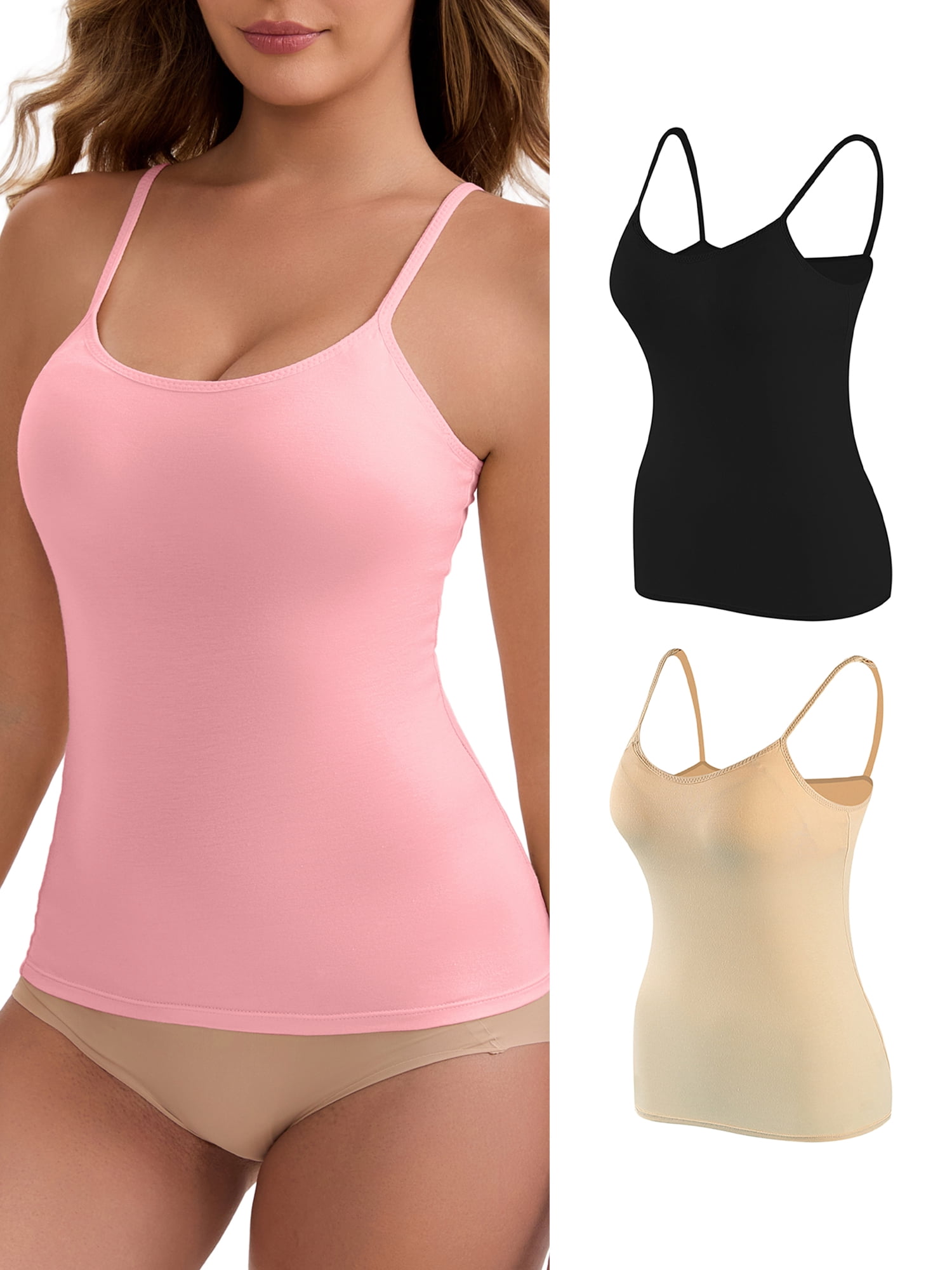 DARING DIVA Women's Padded Tank Top Round Neck Casual Camisole 3XL 1 Black 1 Apricot 1 Pink