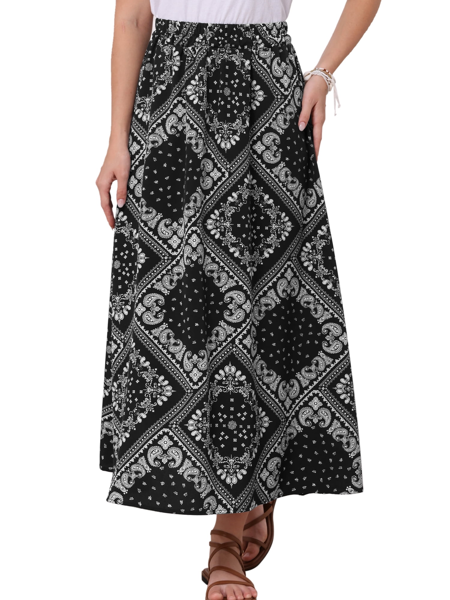 DARING DIVA Women's Paisley Print Elastic Boho Flowy Beach Skirt Medium Black
