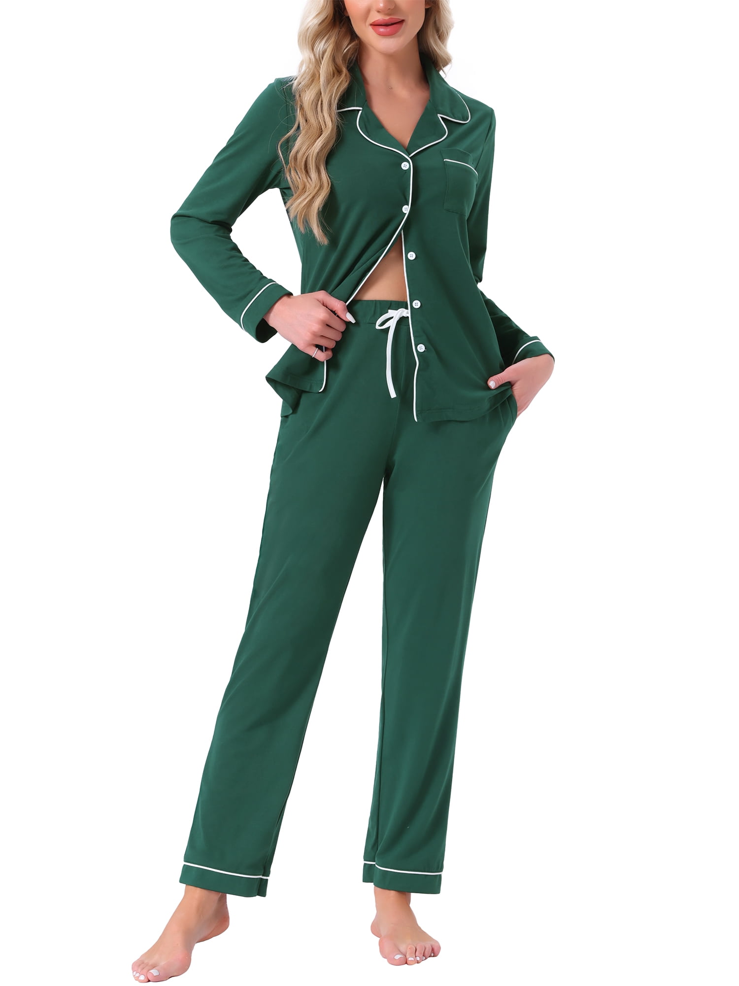DARING DIVA Women's Pajama Set Button Down Long Sleeve Tops and Pants XL Dark Green