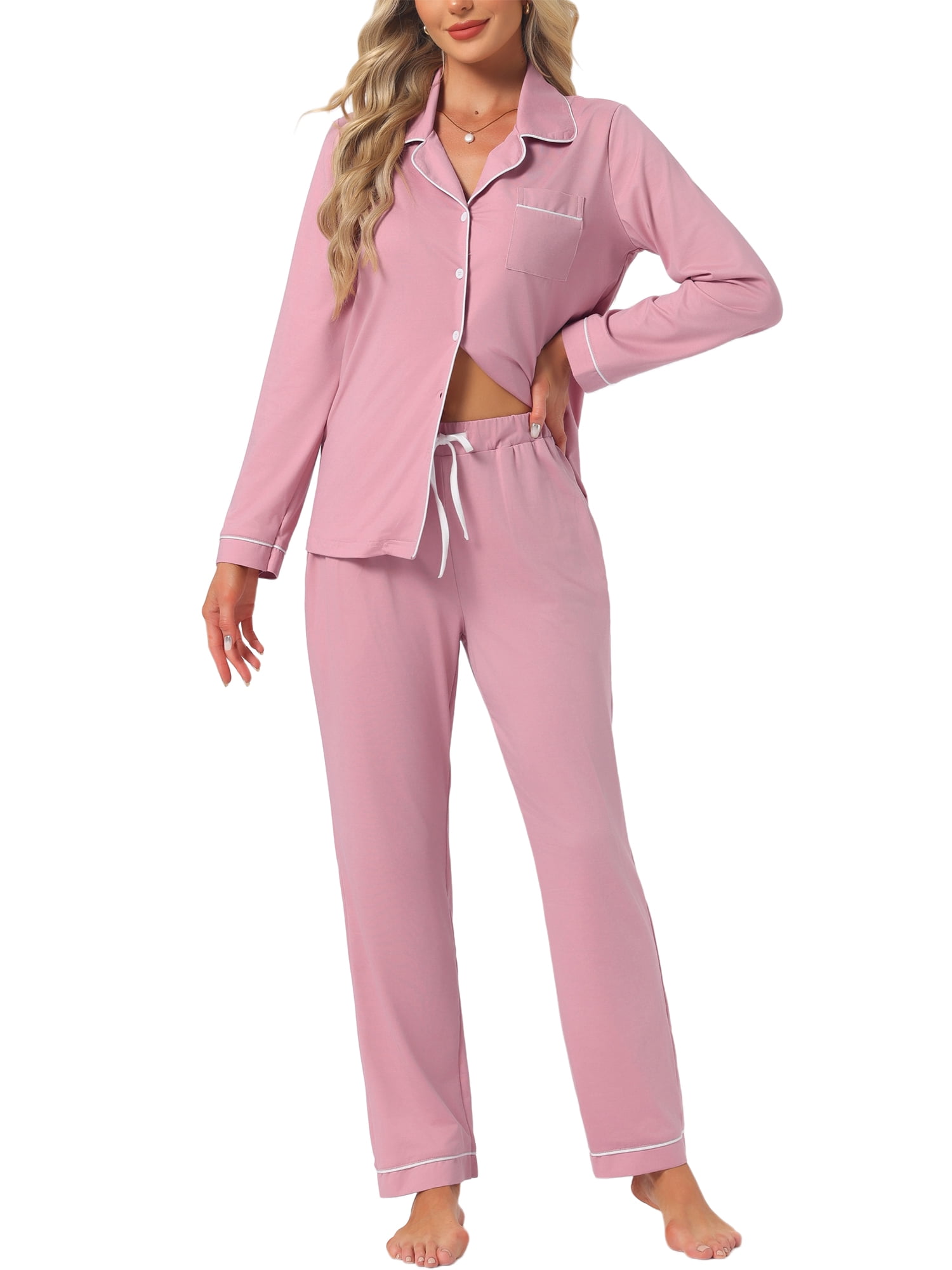 DARING DIVA Women's Pajama Set Button Down Long Sleeve Tops and Pants XL Pink