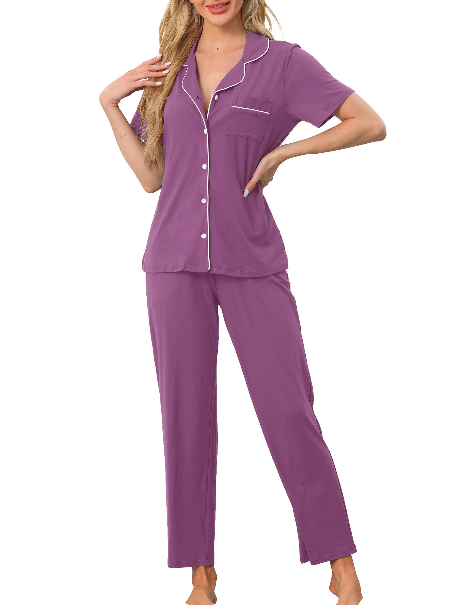 DARING DIVA Women's Pajama Set Button Down Soft Short Sleeve Long Pants S Purple