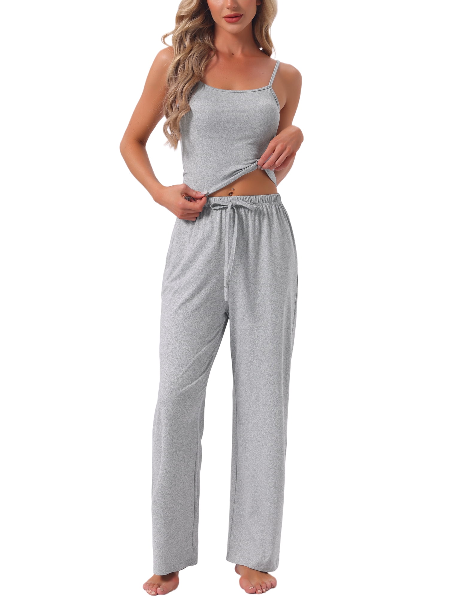 DARING DIVA Women's Pajama Set Cami Jersey Knit Adjustable Spaghetti Strap Pants L Gray