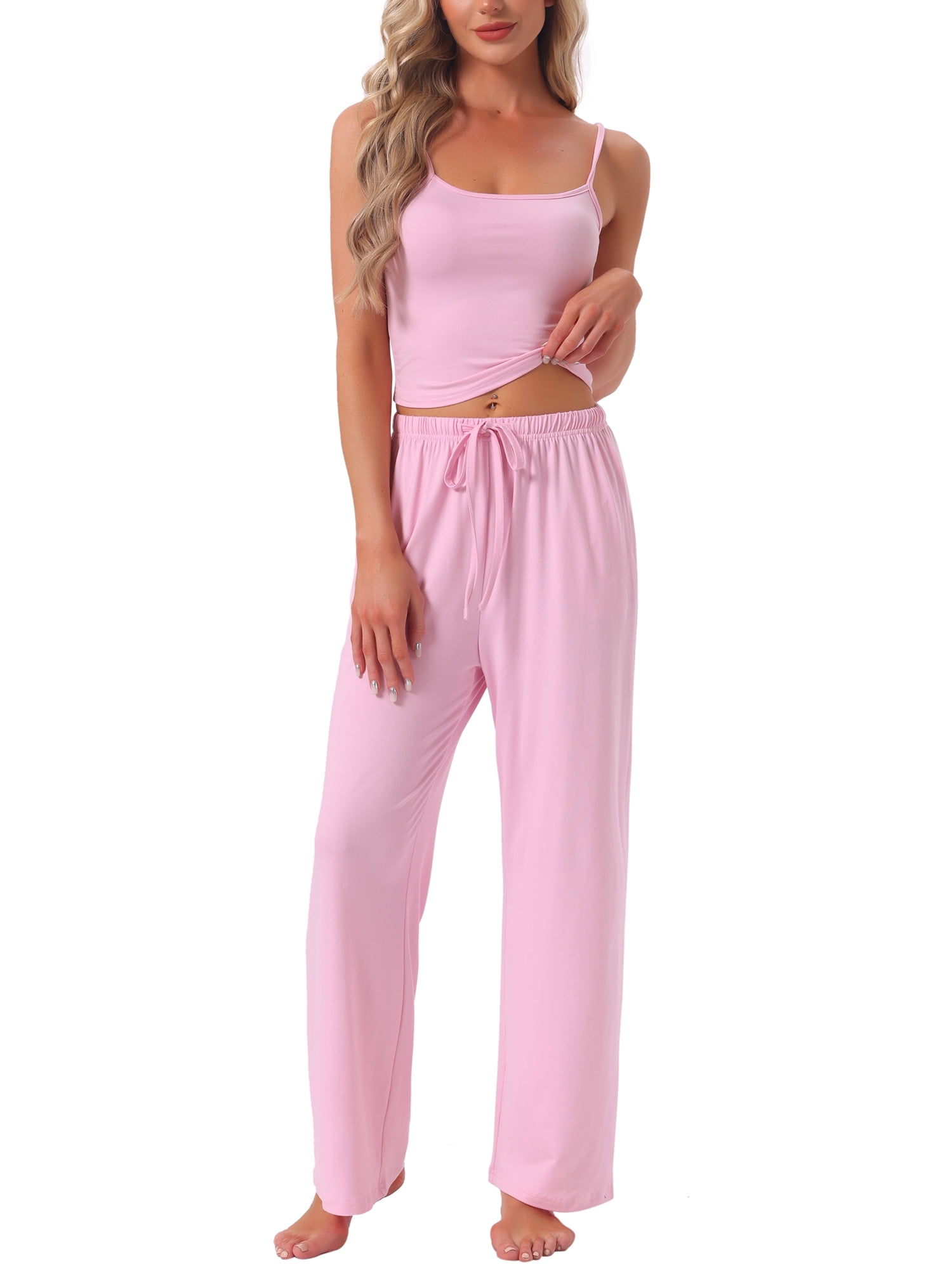 DARING DIVA Women's Pajama Set Cami Jersey Knit Adjustable Spaghetti Strap Pants L Pink
