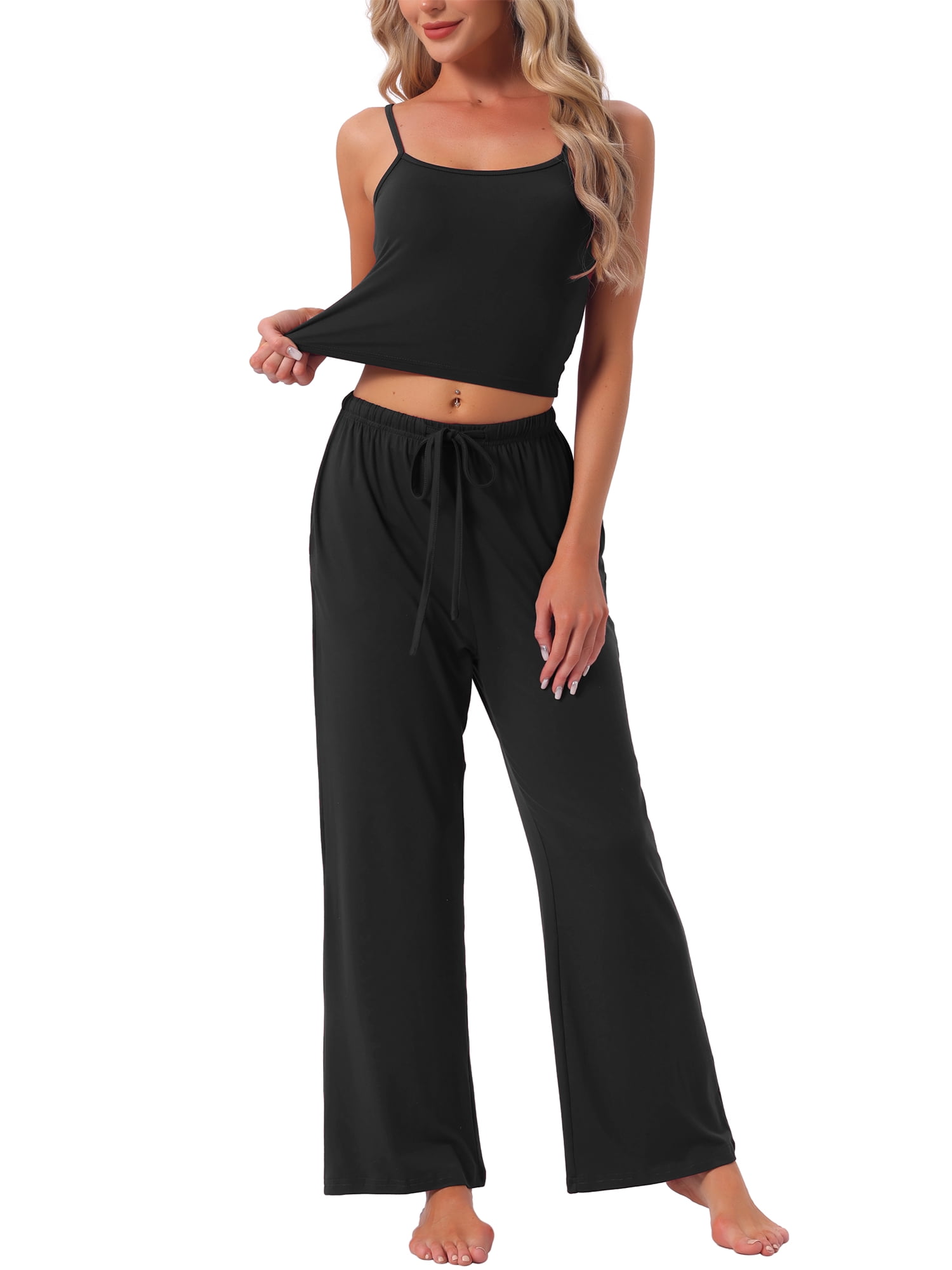 DARING DIVA Women's Pajama Set Cami Jersey Knit Adjustable Spaghetti Strap Pants M Black