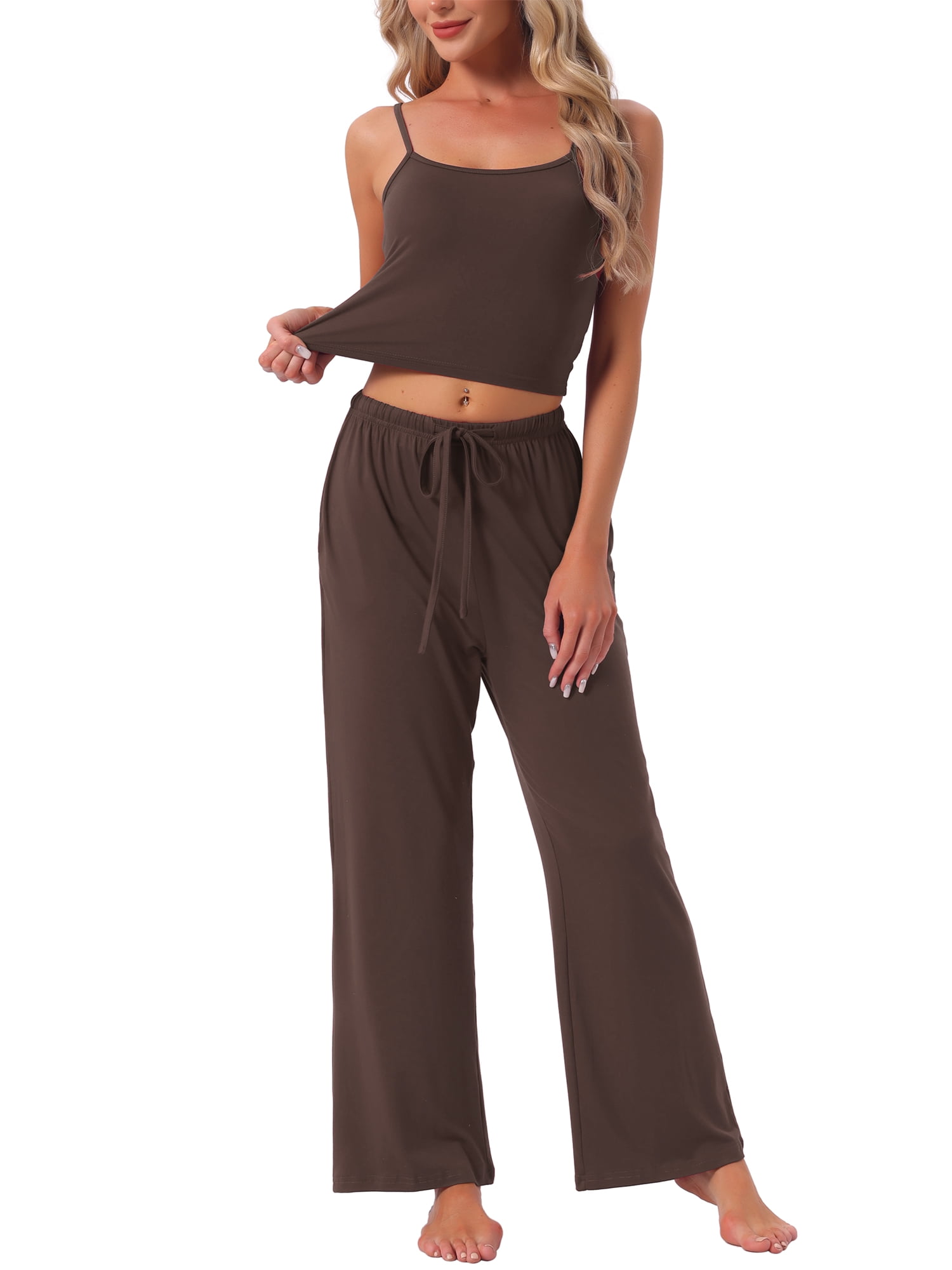 DARING DIVA Women's Pajama Set Cami Jersey Knit Adjustable Spaghetti Strap Pants XS Brown