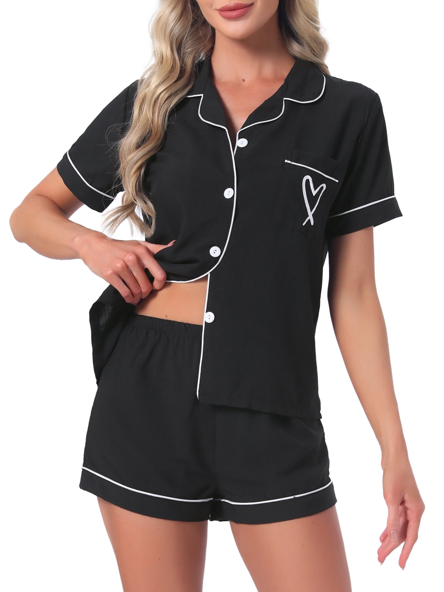 DARING DIVA Women's Pajama Set Heart Print Short Sleeve Button Down Shirt S Black