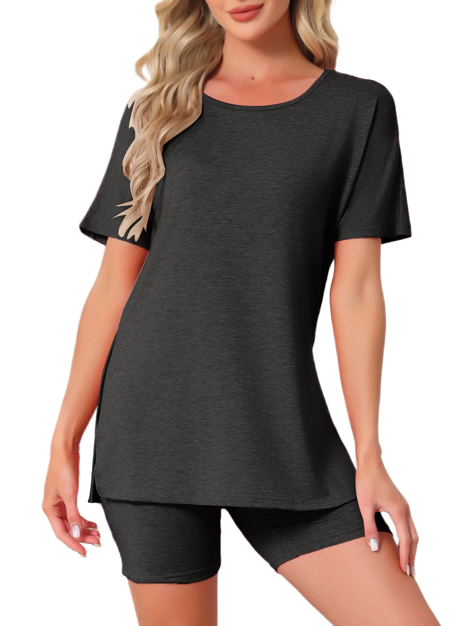 DARING DIVA Women's Pajama Set Split Jersey Knit Tops with Fitted Shorts 2XL Black