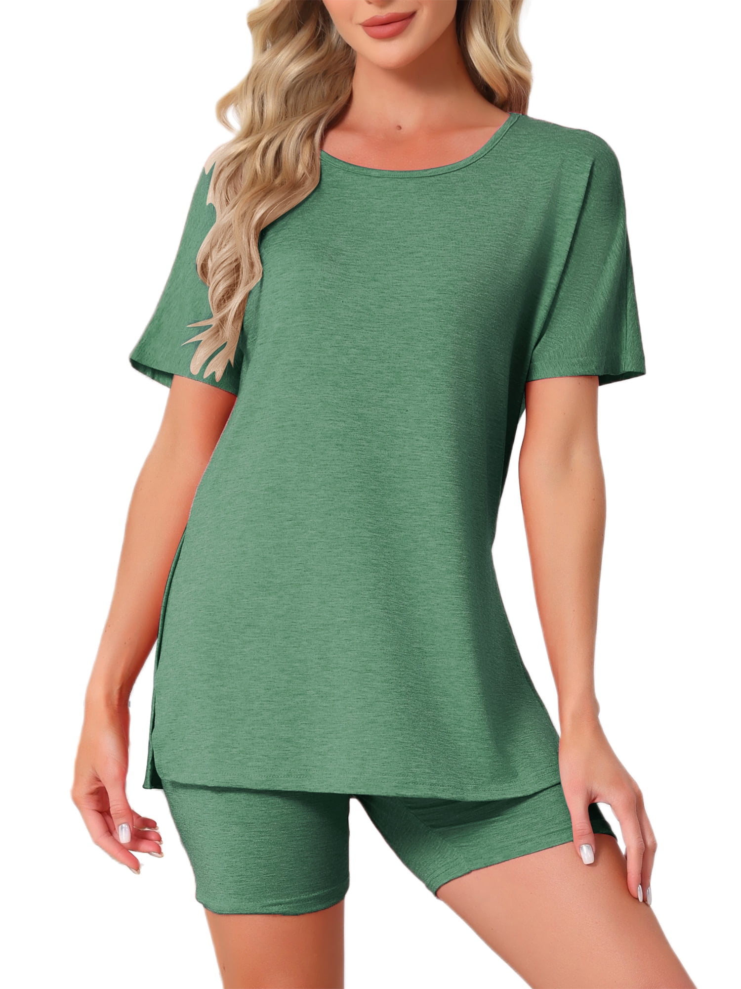 DARING DIVA Women's Pajama Set Split Jersey Knit Tops with Fitted Shorts 2XL Green