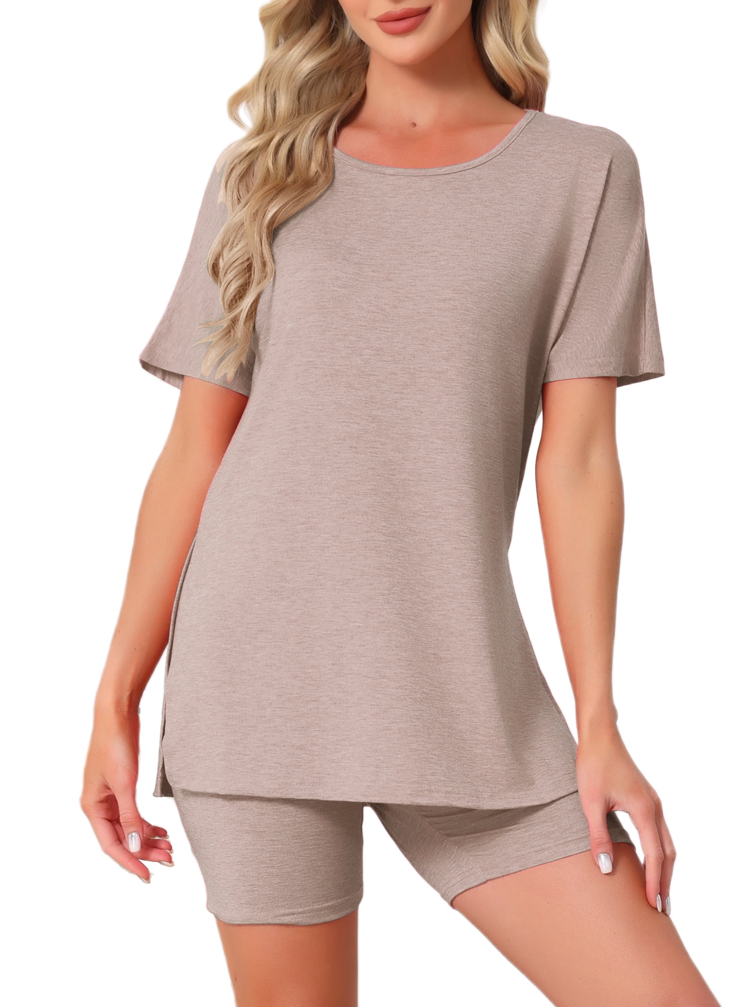 DARING DIVA Women's Pajama Set Split Jersey Knit Tops with Fitted Shorts L Brown