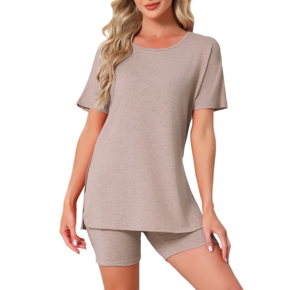 DARING DIVA Women's Pajama Set Split Jersey Knit Tops with Fitted Shorts L Brown