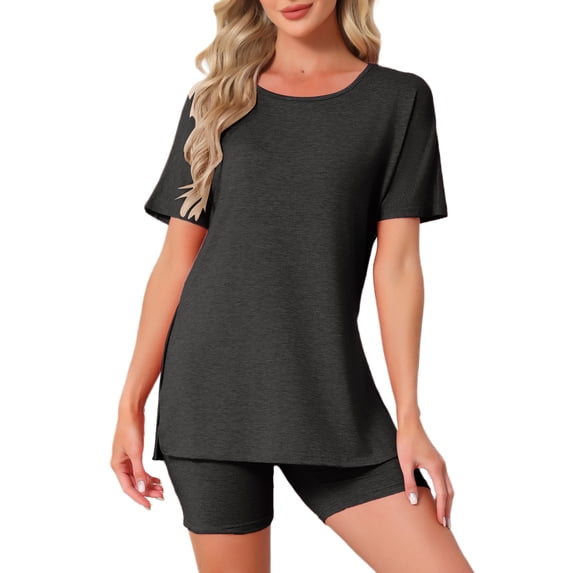 DARING DIVA Women's Pajama Set Split Jersey Knit Tops with Fitted Shorts S Black