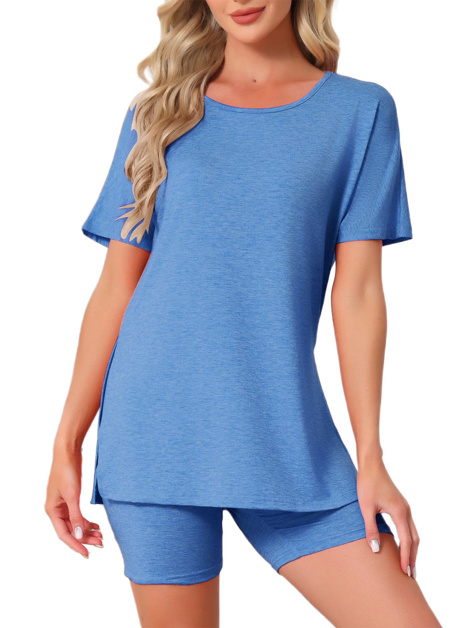 DARING DIVA Women's Pajama Set Split Jersey Knit Tops with Fitted Shorts XL Blue